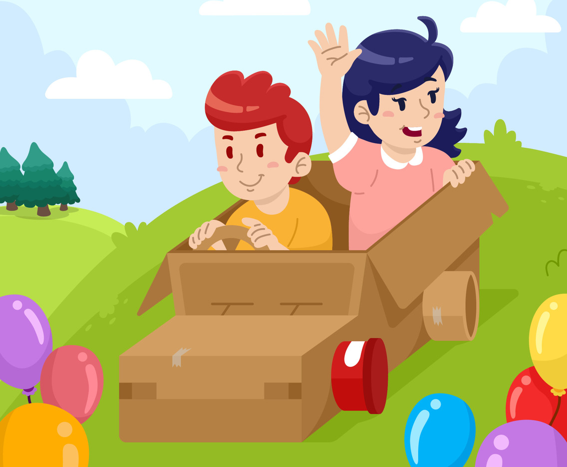 Hand drawn boy and girl in the cardbox car