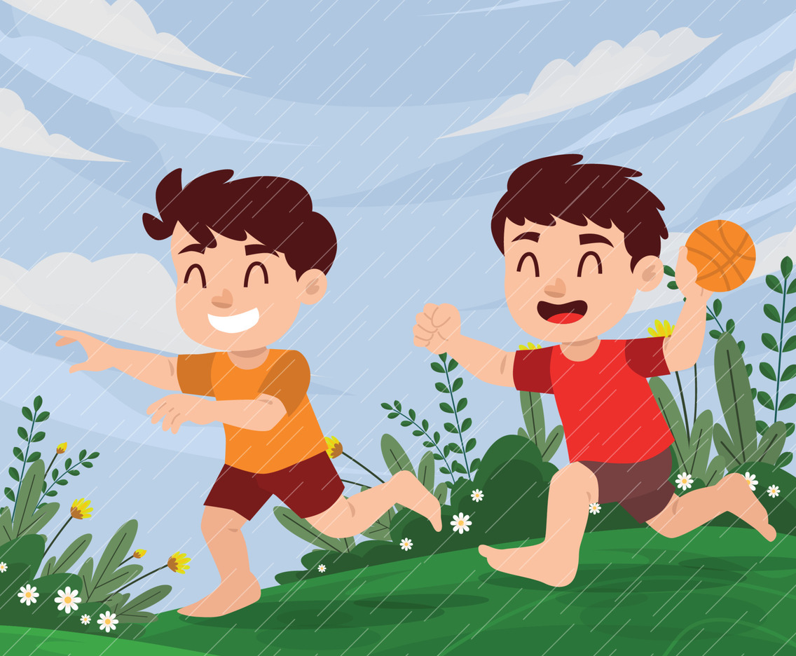 Two Little Kid Playing In The Spring Shower