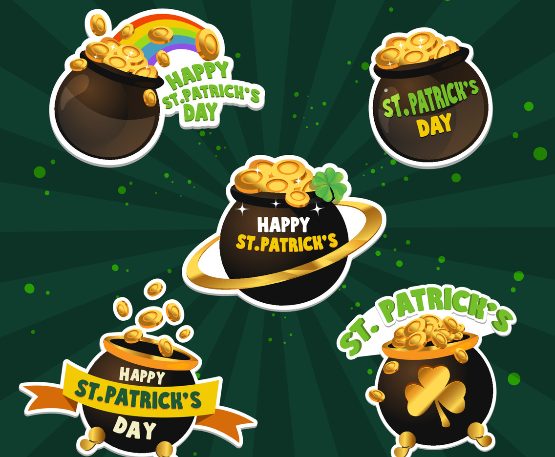 St Patrick's Stickers Set with Gold Coin on Pot