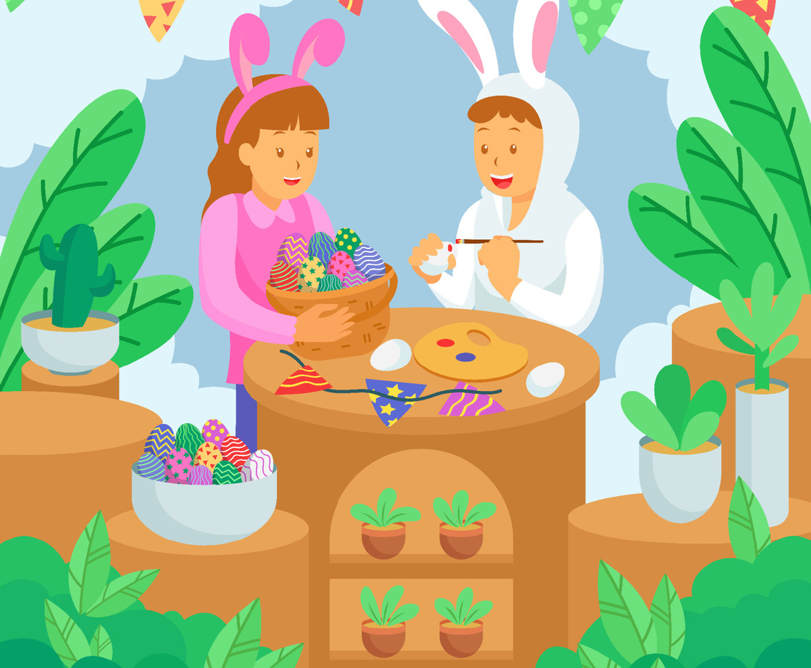 Happy Easter Celebration Children Painting Egg