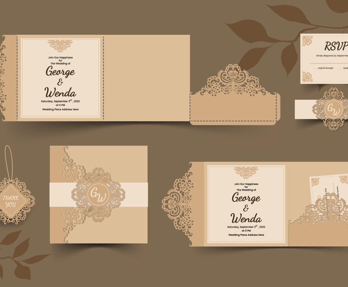 Set of Wedding Invitation With Papercut Flower  Ornament