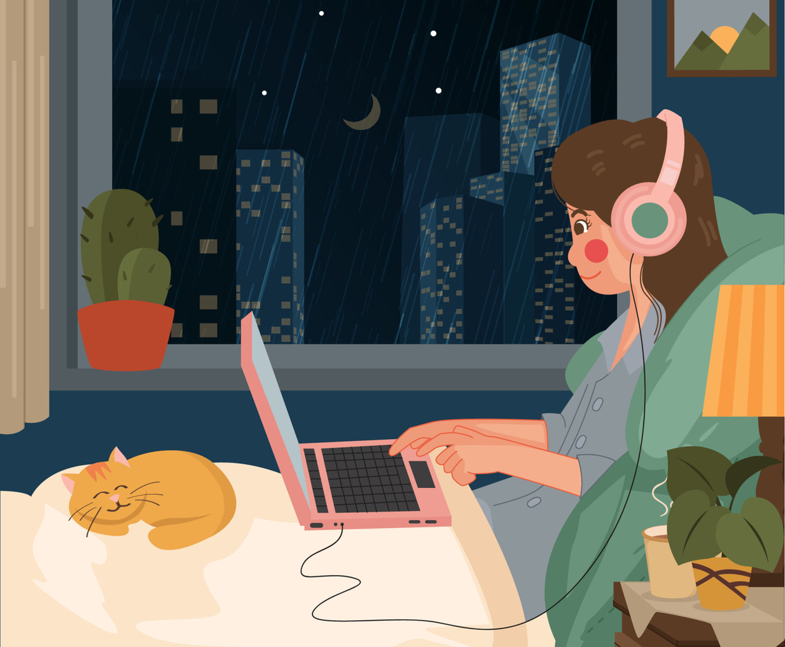 Girl Using Laptop On Rainy Day