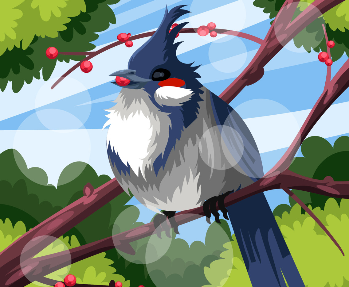 Fluffy Bird Chewing Berry in Spring