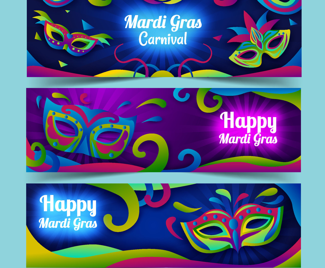 Banner Set of Colorful Mardi Gras Mask
