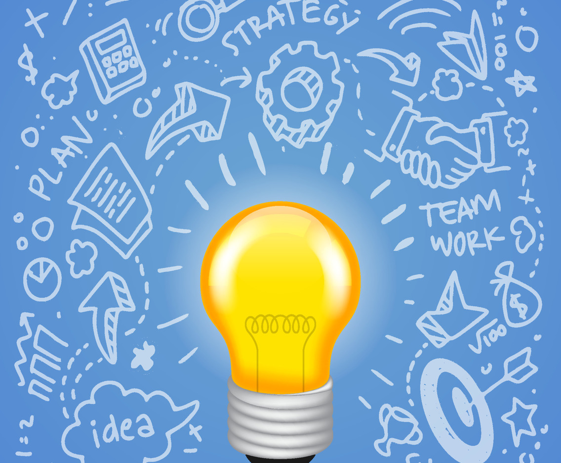 Business Idea with Realistic Bulb and Monoline Business Doodle