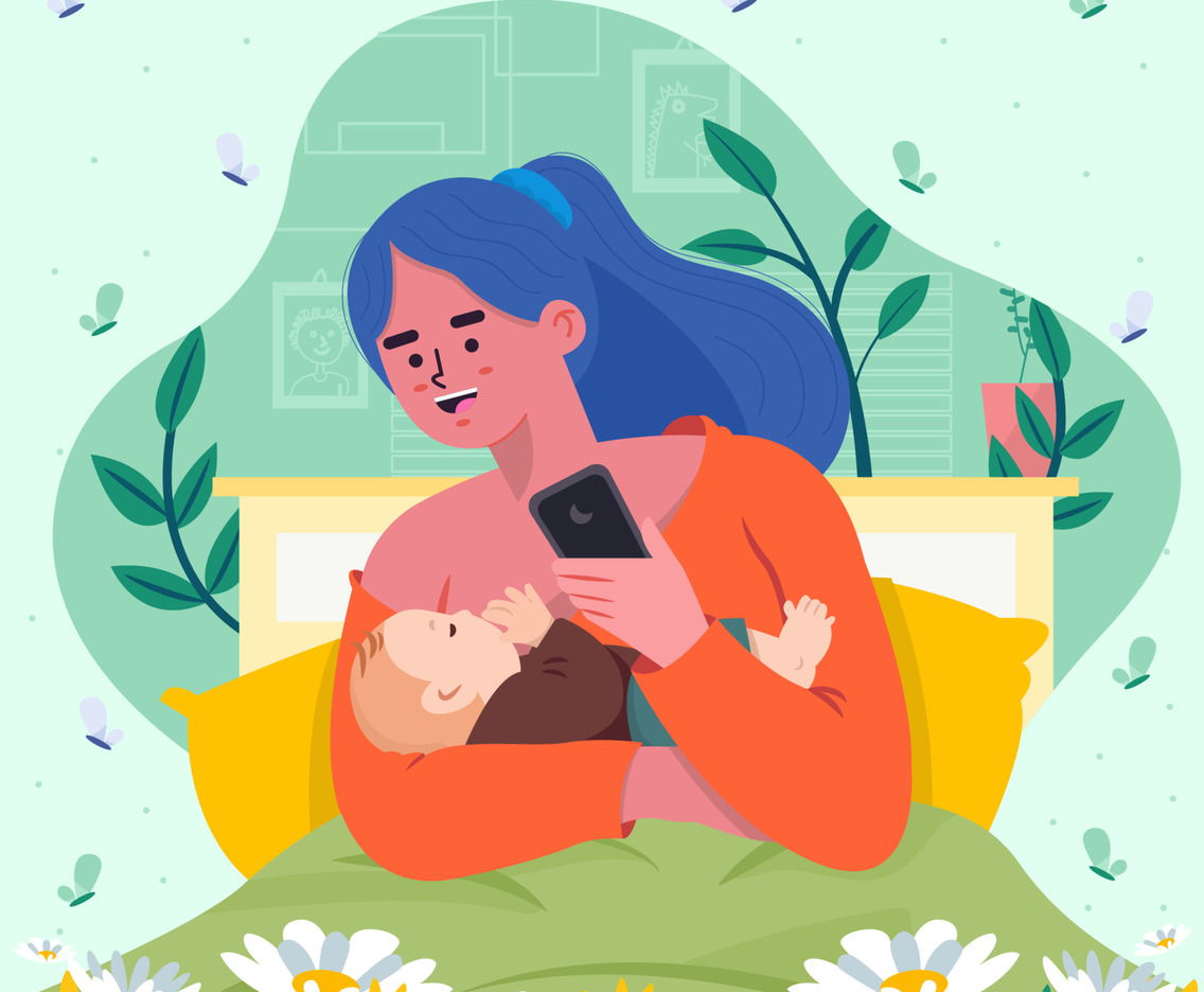 Mom Breastfeeding Baby While Holding Smartphone Concept