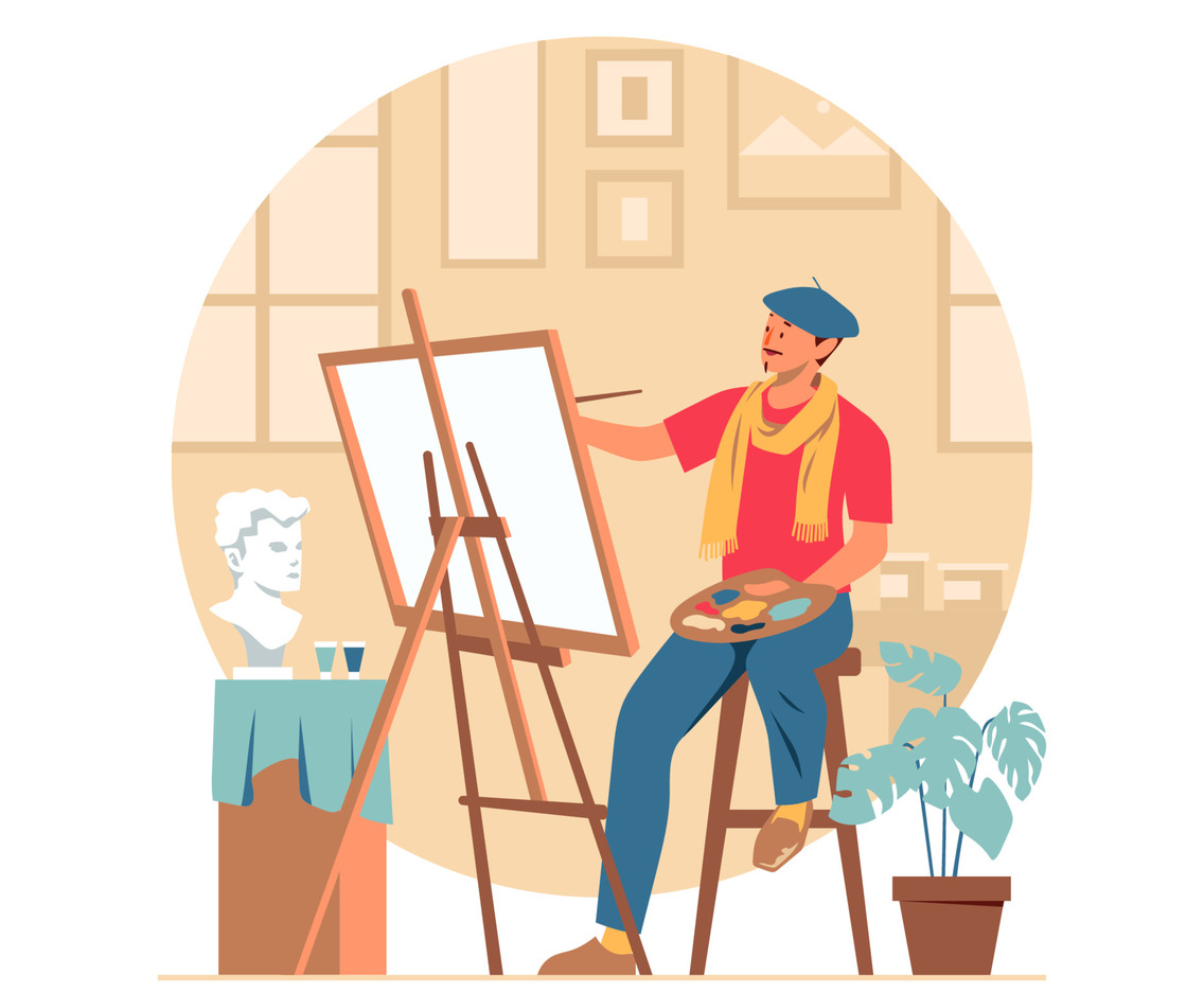 Male Painting Artist in His Studio
