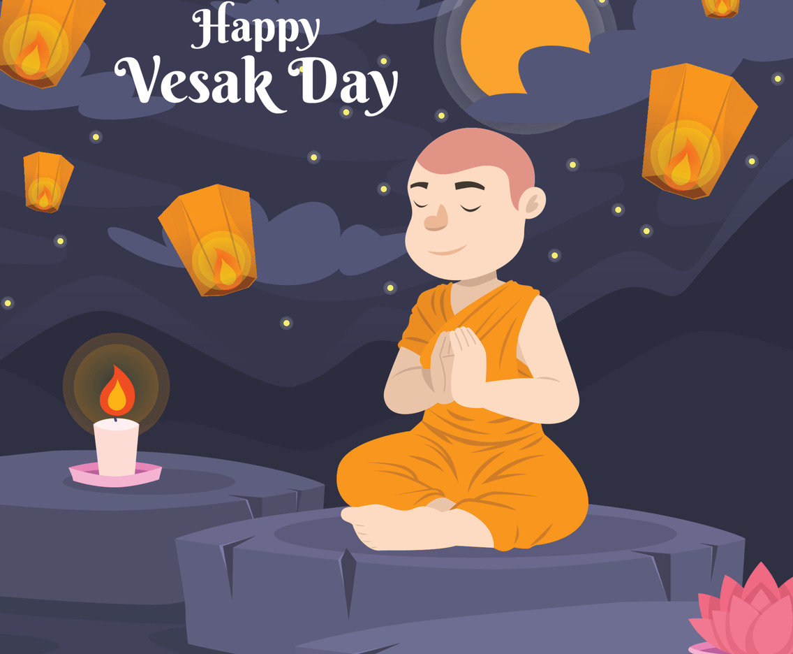 Buddhist Monk Meditating to Celebrate Vesak at Night