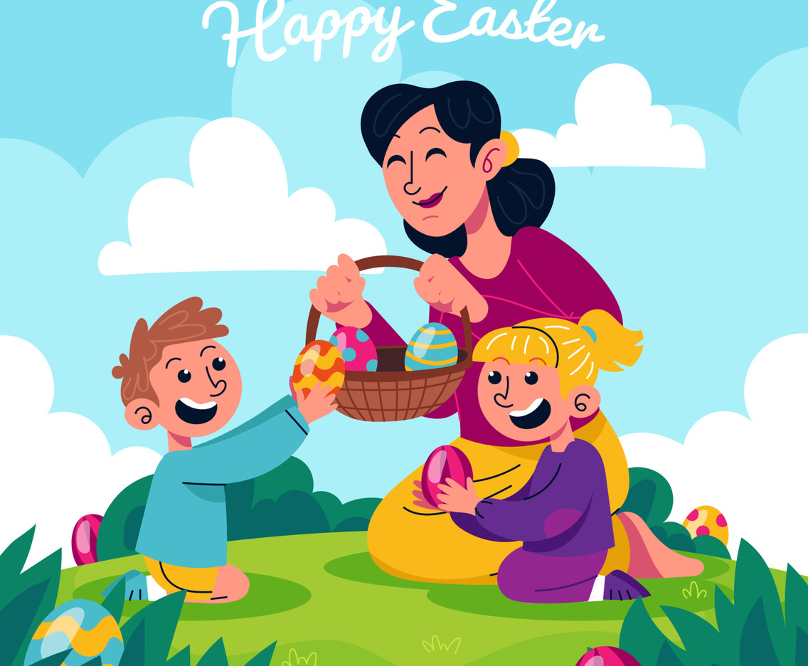 Mother and Kids Collecting Egg