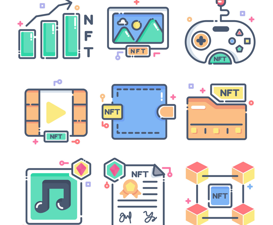 Colorful NFT Non Fungible Token Technology Icon set