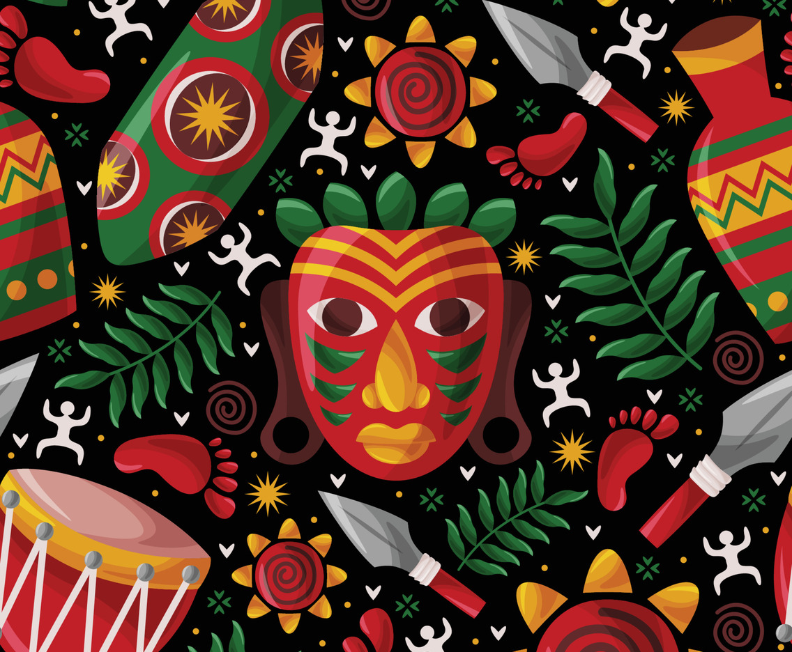 African Color With Colorful Doodle Object Seamless Pattern