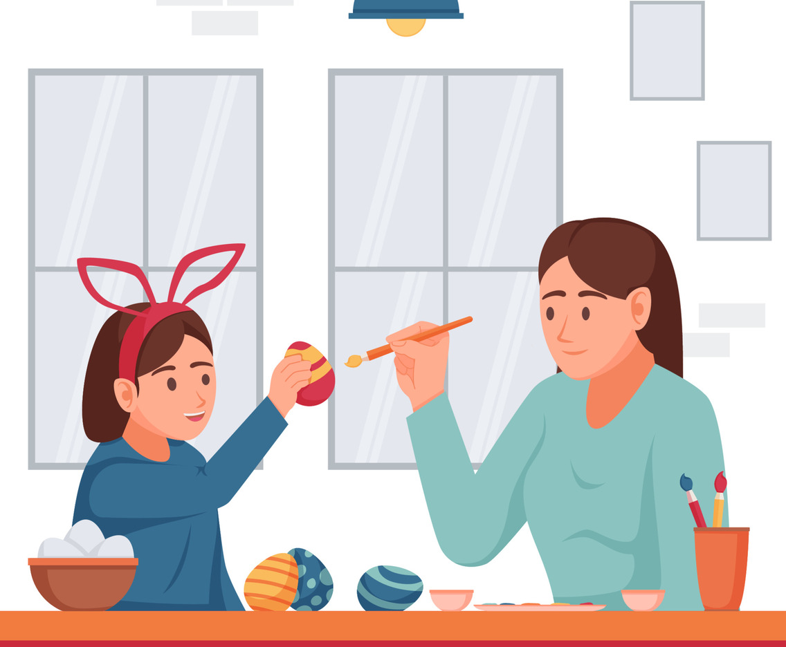 Mom and Her Daughter Paint The Easter Egg