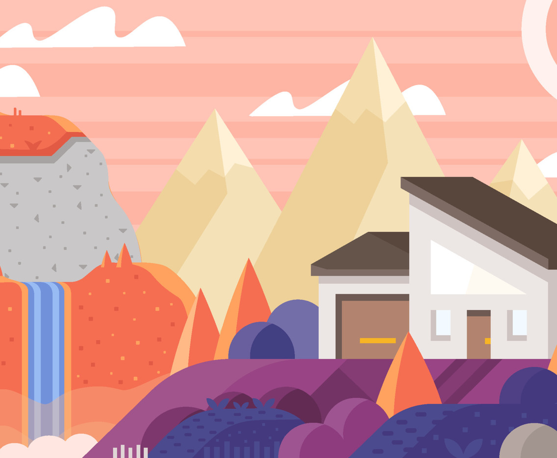 Modern House Near Waterfall And Mountains Background