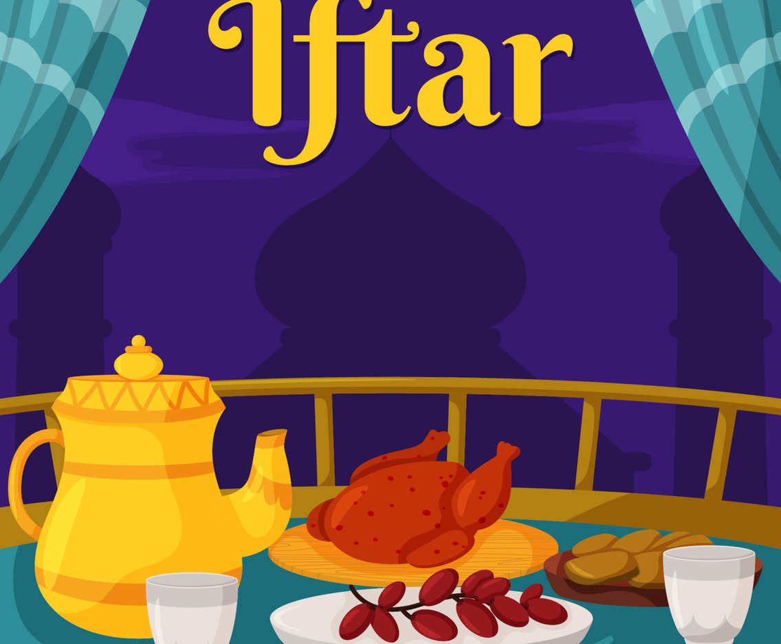 Iftar Food Background with Mosque Silhouette
