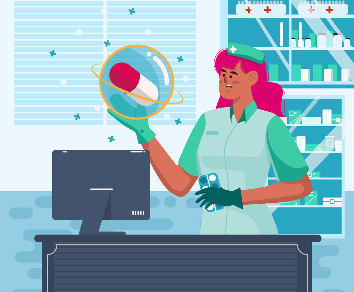 A Pharmacist Nurse Provides Prescribed Medicine In Her Office Concept