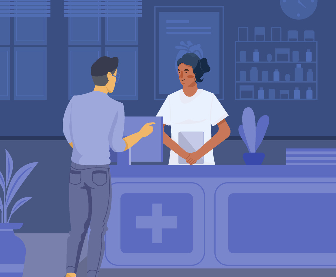 Man Talking To Nurse at Hospital's Front Desk
