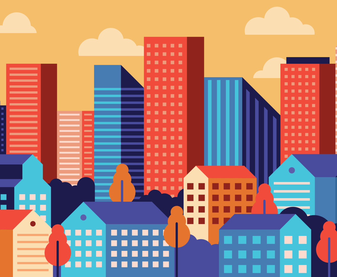 Modern City Scape Flat Design Ukiyo-e Style Ilustration