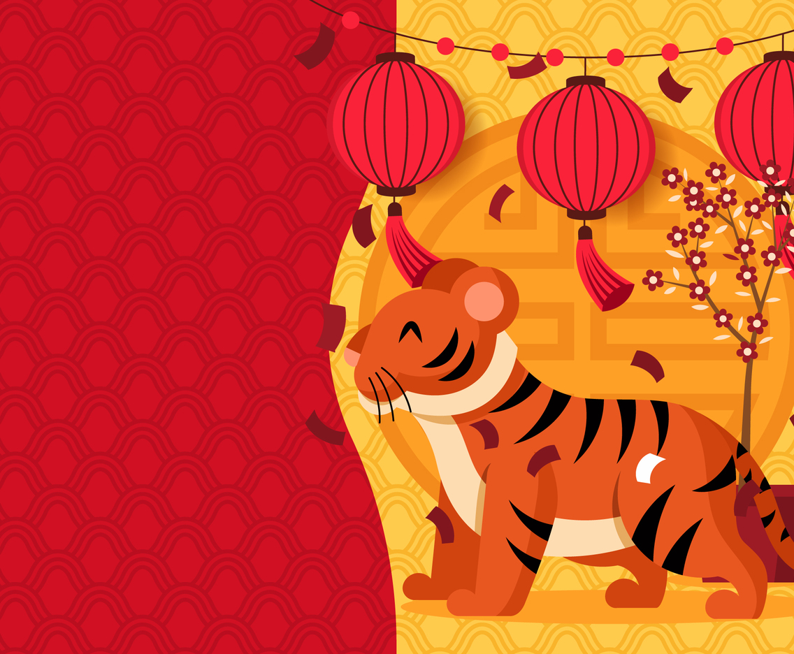 Chinese Zodiac Background with Tiger and Lantern