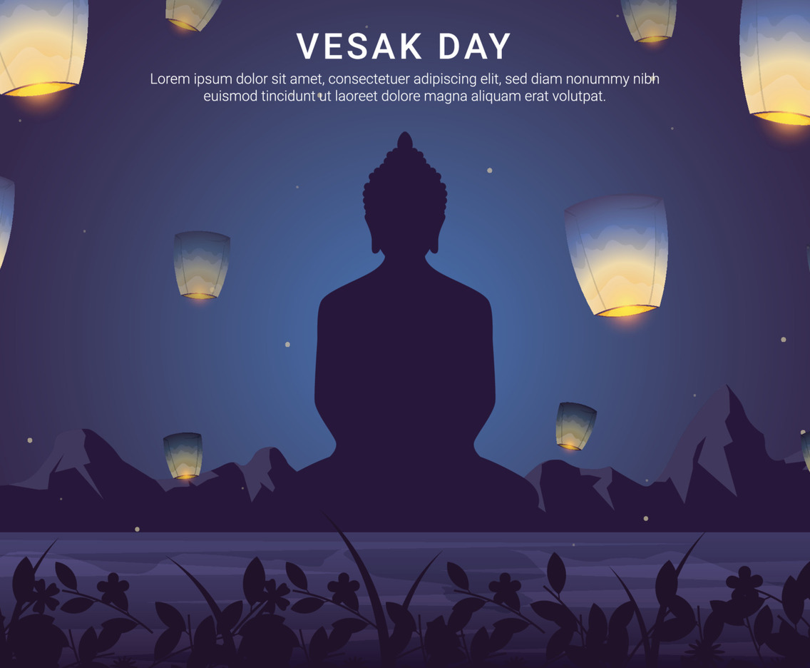Vesak Background with Silhouette Siddhartha Gautama and Lantern