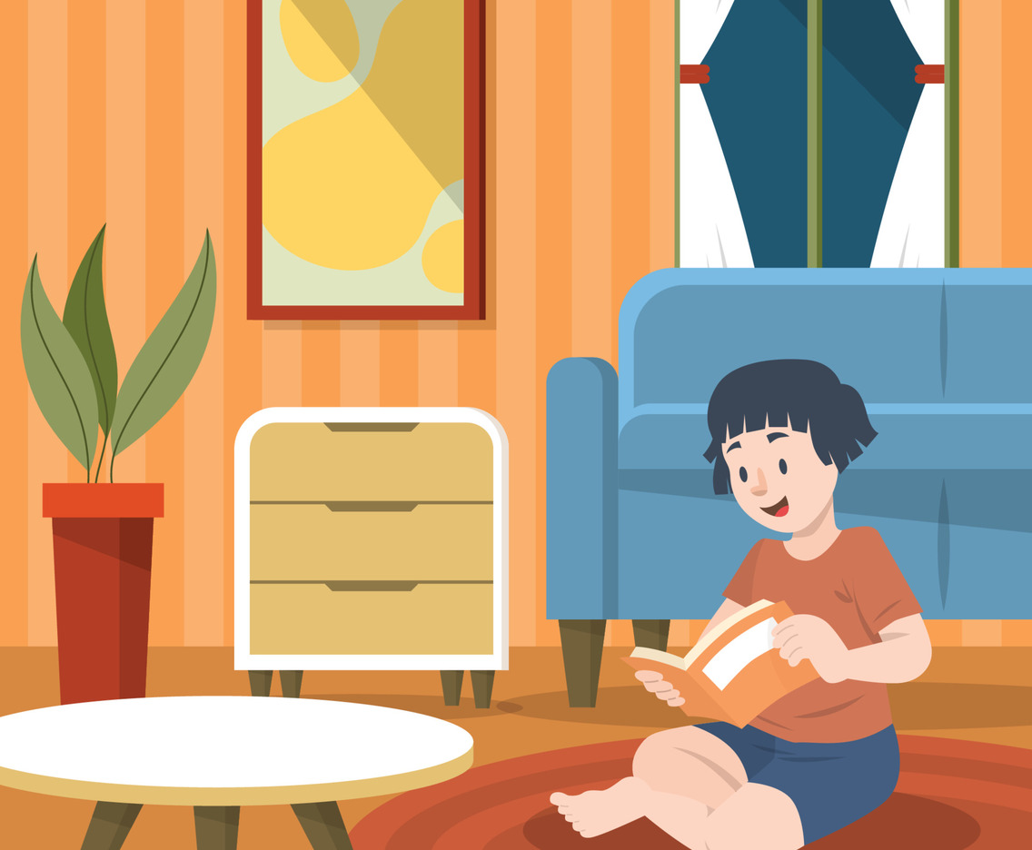 A Girl Reading A Book In The Living Room