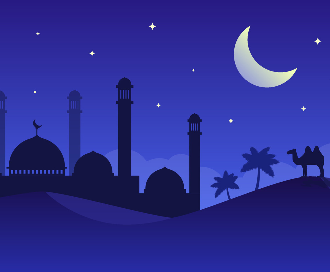 Desert and Mosque Background with Palm Trees and Camel