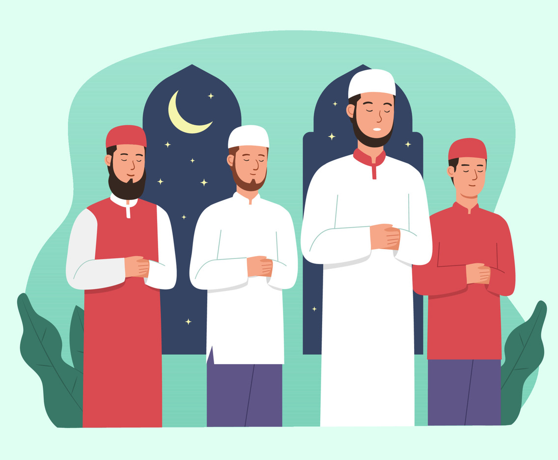 Muslim People Perform Tarawih Prayer at Night During Ramadan