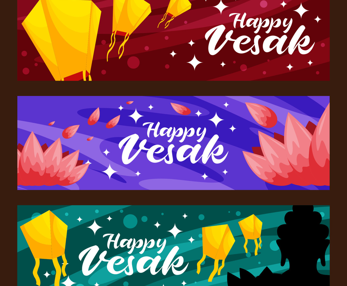 Happy Vesak Day with Lotus Flower and Lantern Banner Set