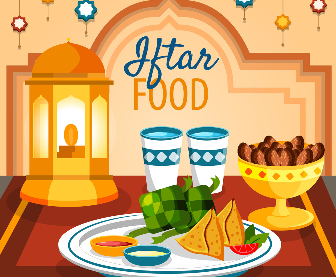 Iftar Food for Fasting with Dates and Samosa