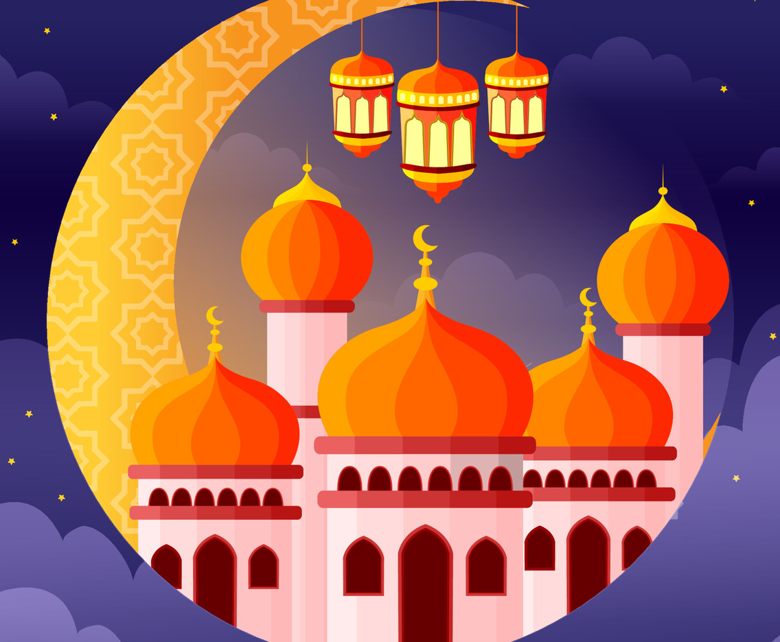 Mosque on a Crescent Moon with Lantern and Star