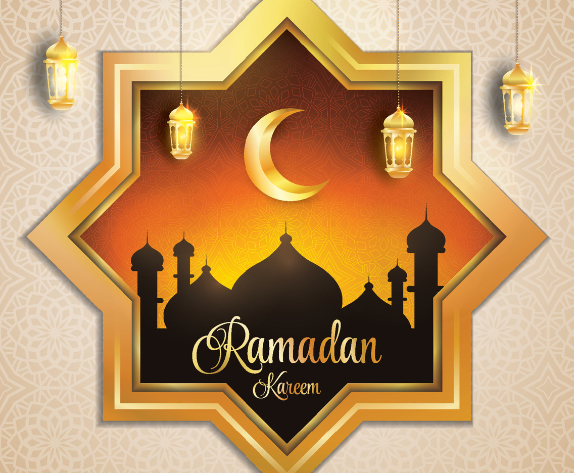 Luxury Ramadan Kareem Greeting With Silhouette Mosque and Gold Lantern