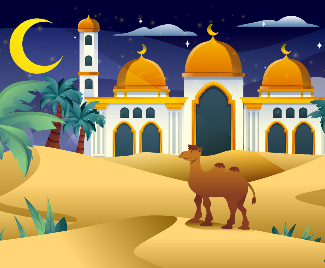 Night at the Dessert with Mosque and Camel