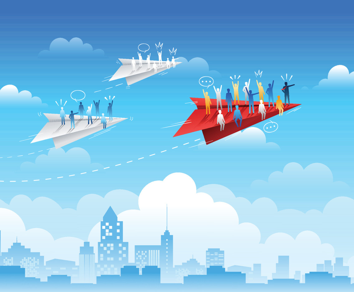 Business People Riding and Flying on Paper Plane Background Concept