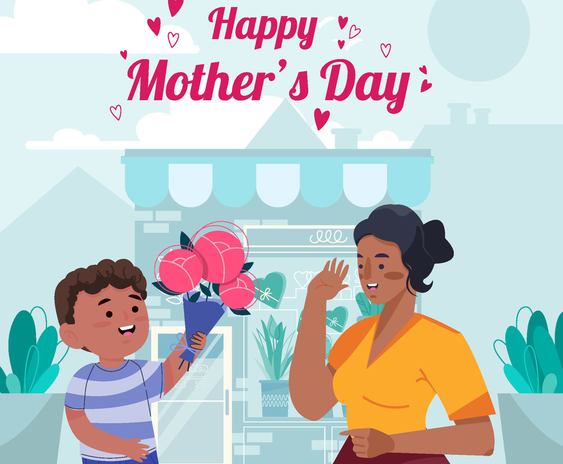 Son Gives Flower Bouquet to Mother Concept