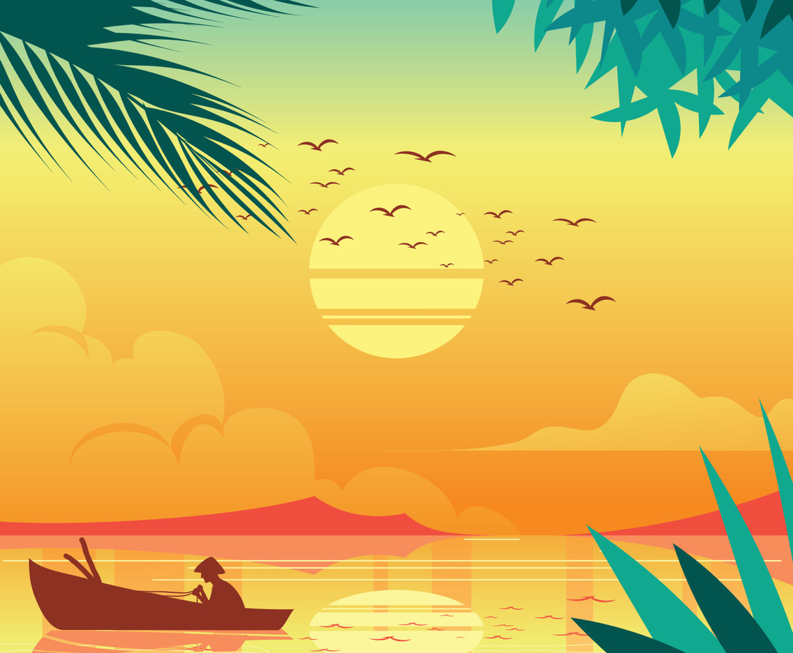 Sunset with Fisherman Silhouette