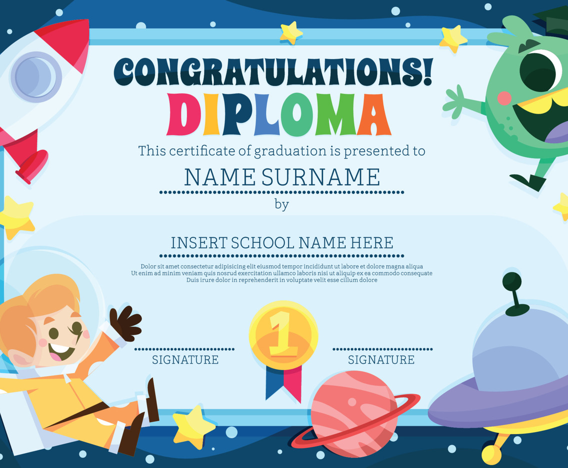 Kindergarten Certificate Space Adventure Cartoon Template