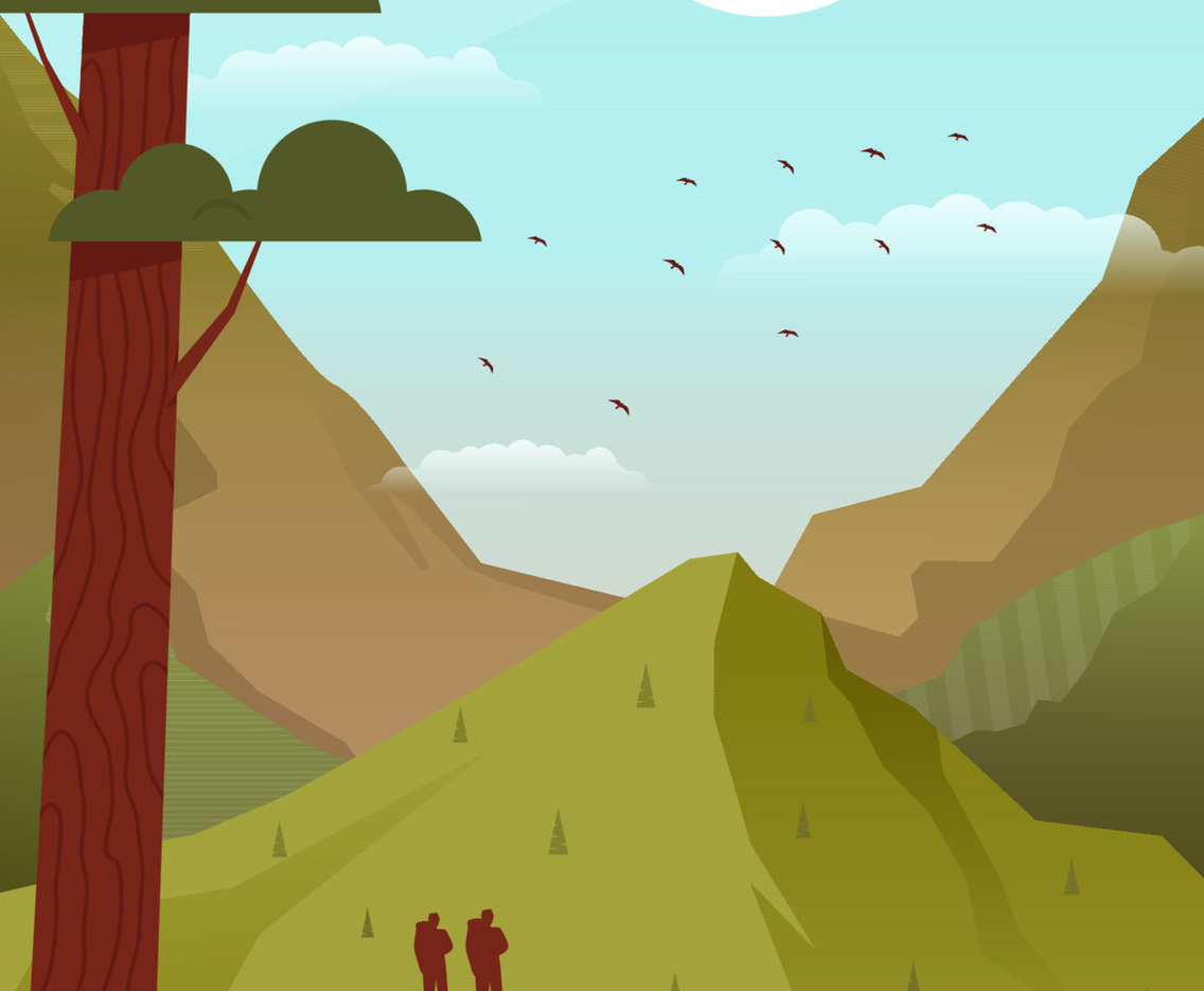 Two Men Hiking with Green Mountain Background