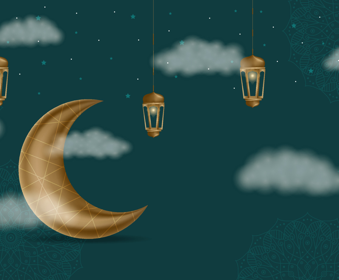 Mubarak with Crescent, Cloud and Lanterns Background