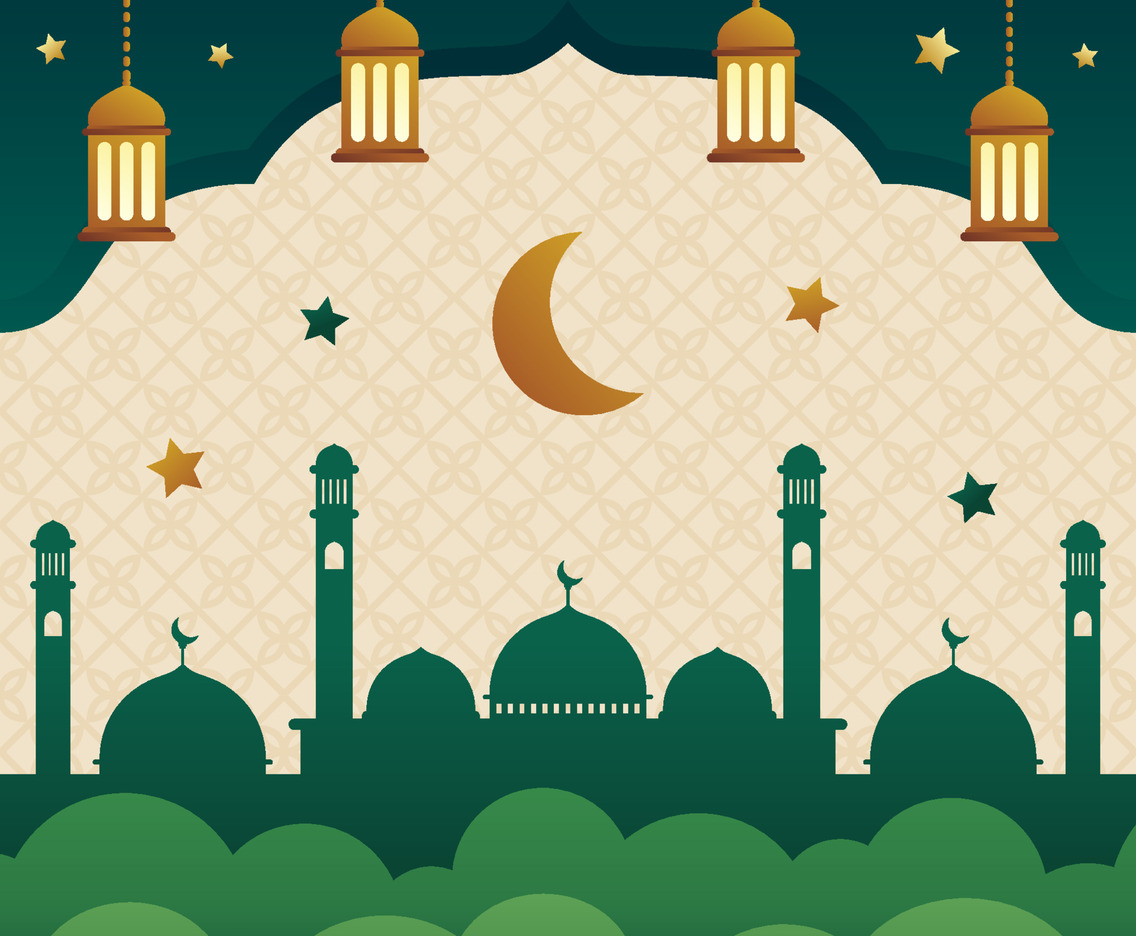 Eid Mubarak Background with Mosque and Lantern