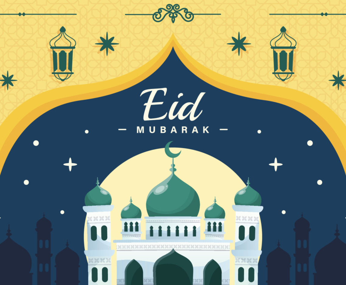 Happy Eid Mubarak Banner Background with Mosque and Lanterns