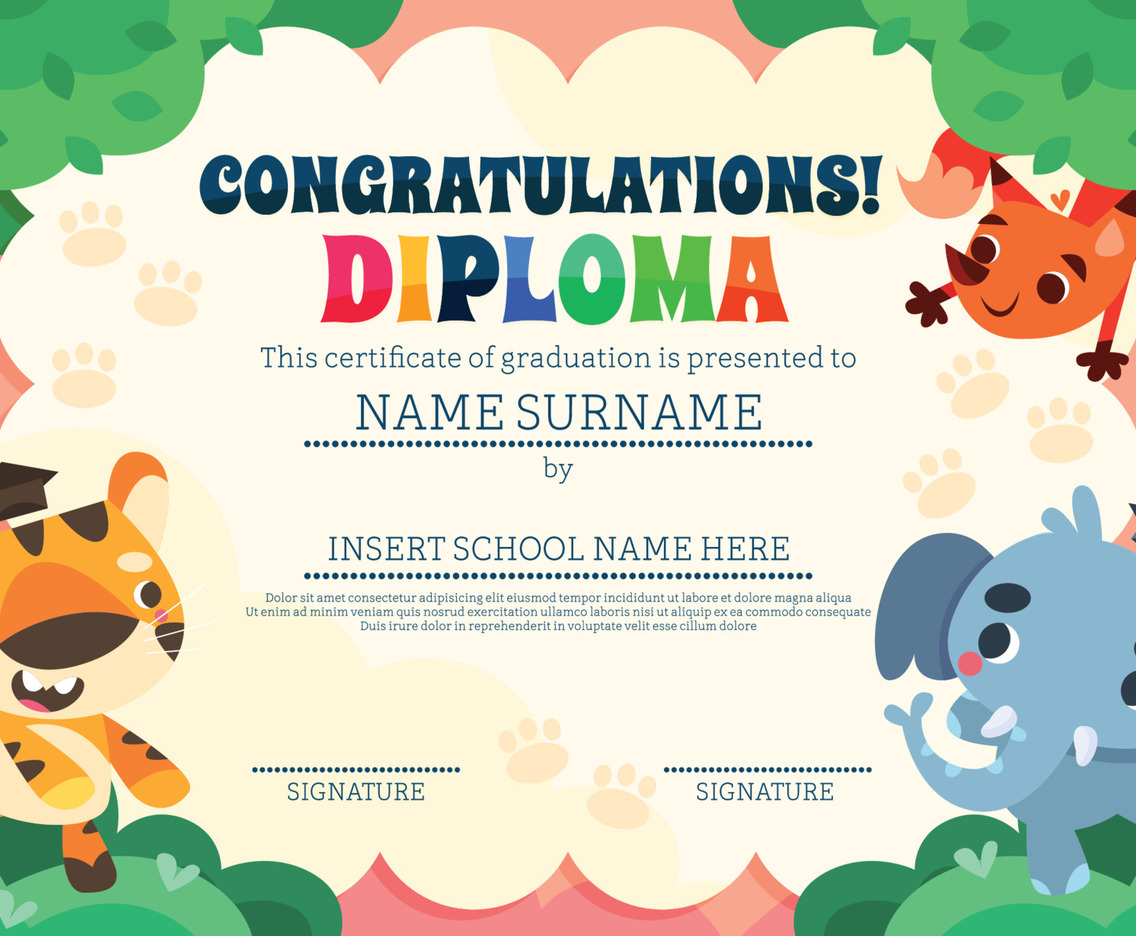 Kindergarten Animals Cartoon Certificate Template