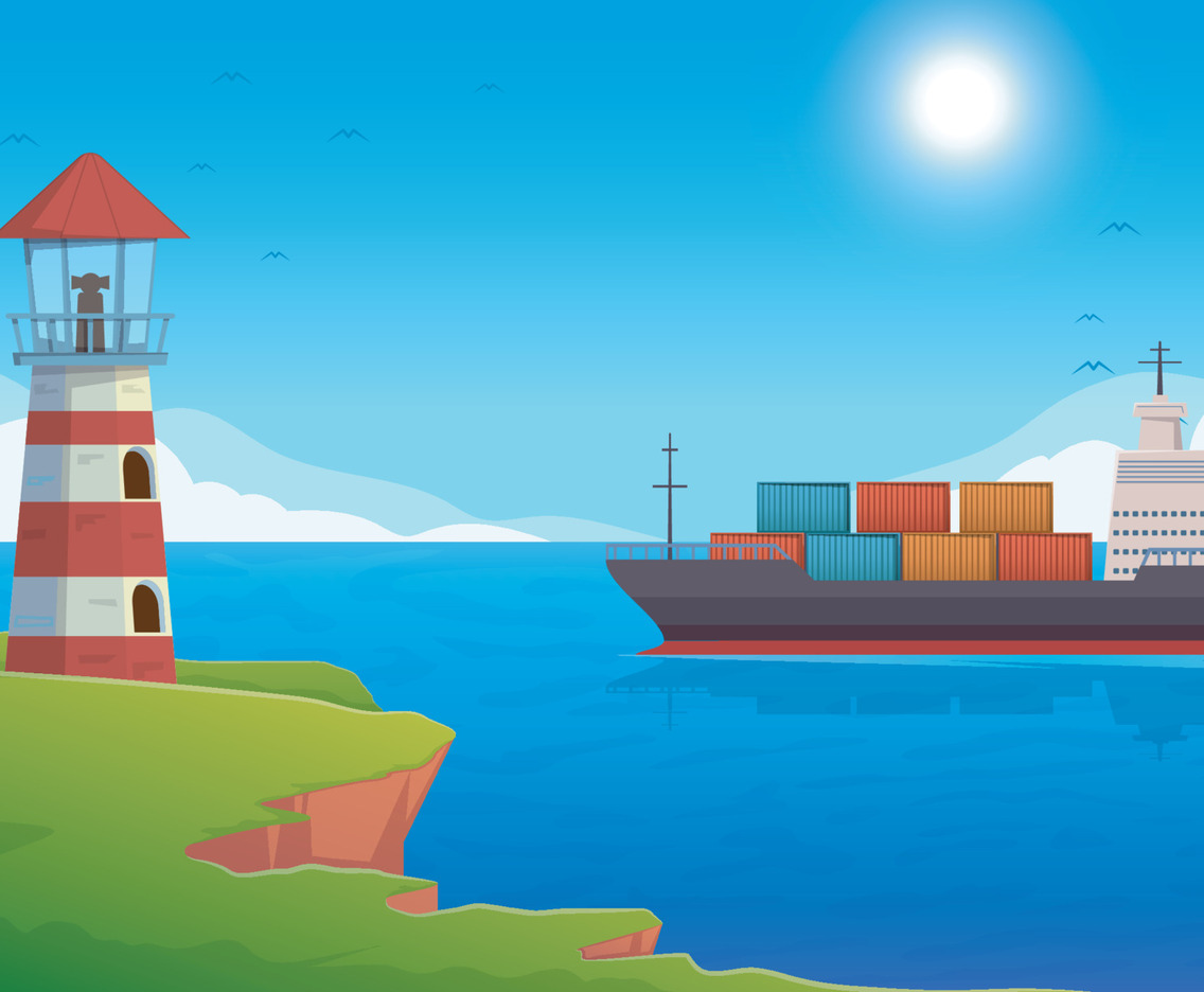 Sea Background with Cargo Ship and Lighthouse