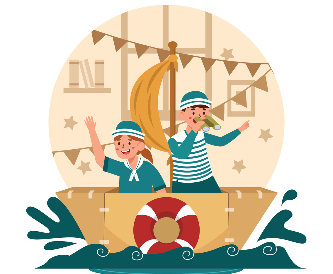 Two Children Playing Paper Boat