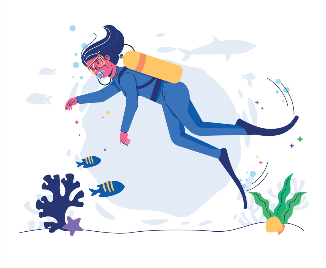 Woman In Wetsuit And Flippers Diving Underwater
