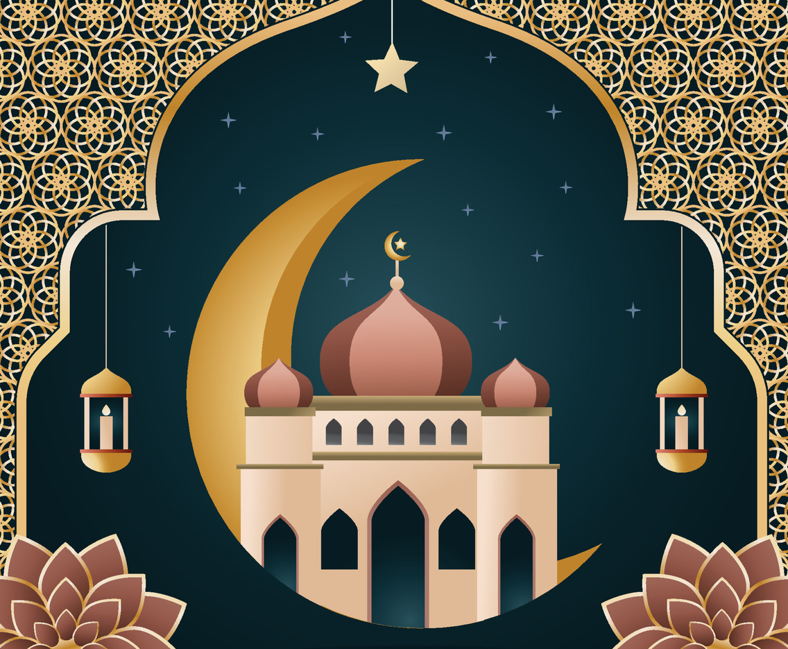 Eid Mubarak with Moon and Mosque