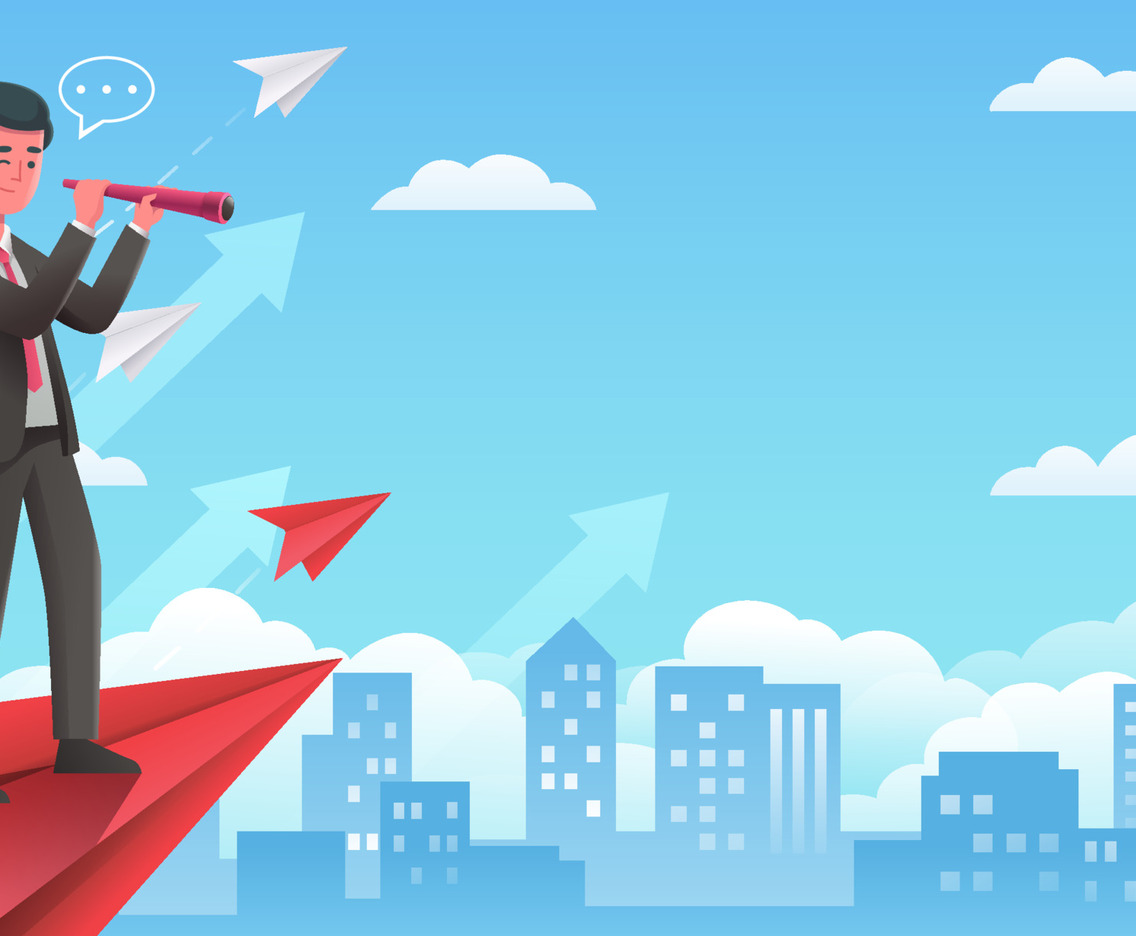 Businessman Looking And Flies on Paper Plane Background