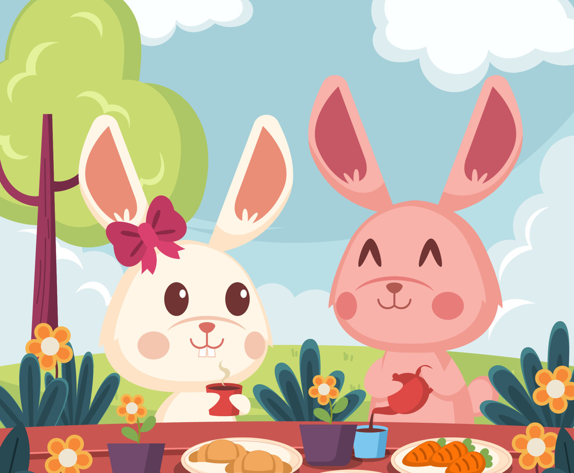 Cute Bunnies Lunch in Easter Day Concept