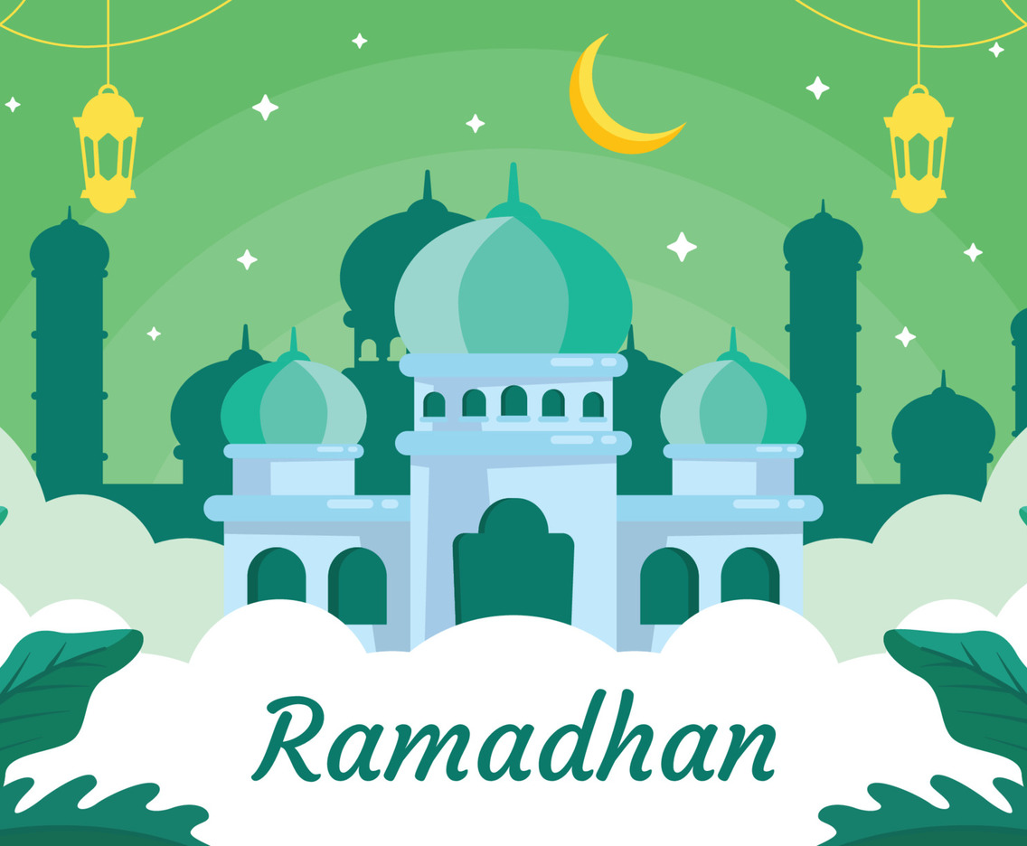 Ramadhan Kareem with Flat Cute Big Mosque and Arabic Lantern