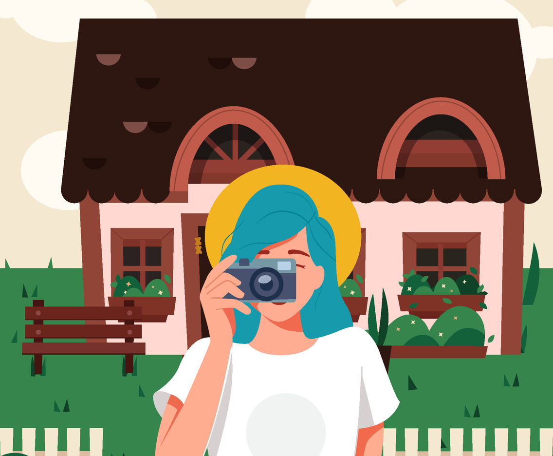 Woman Snaps Camera Outside Her House Concept
