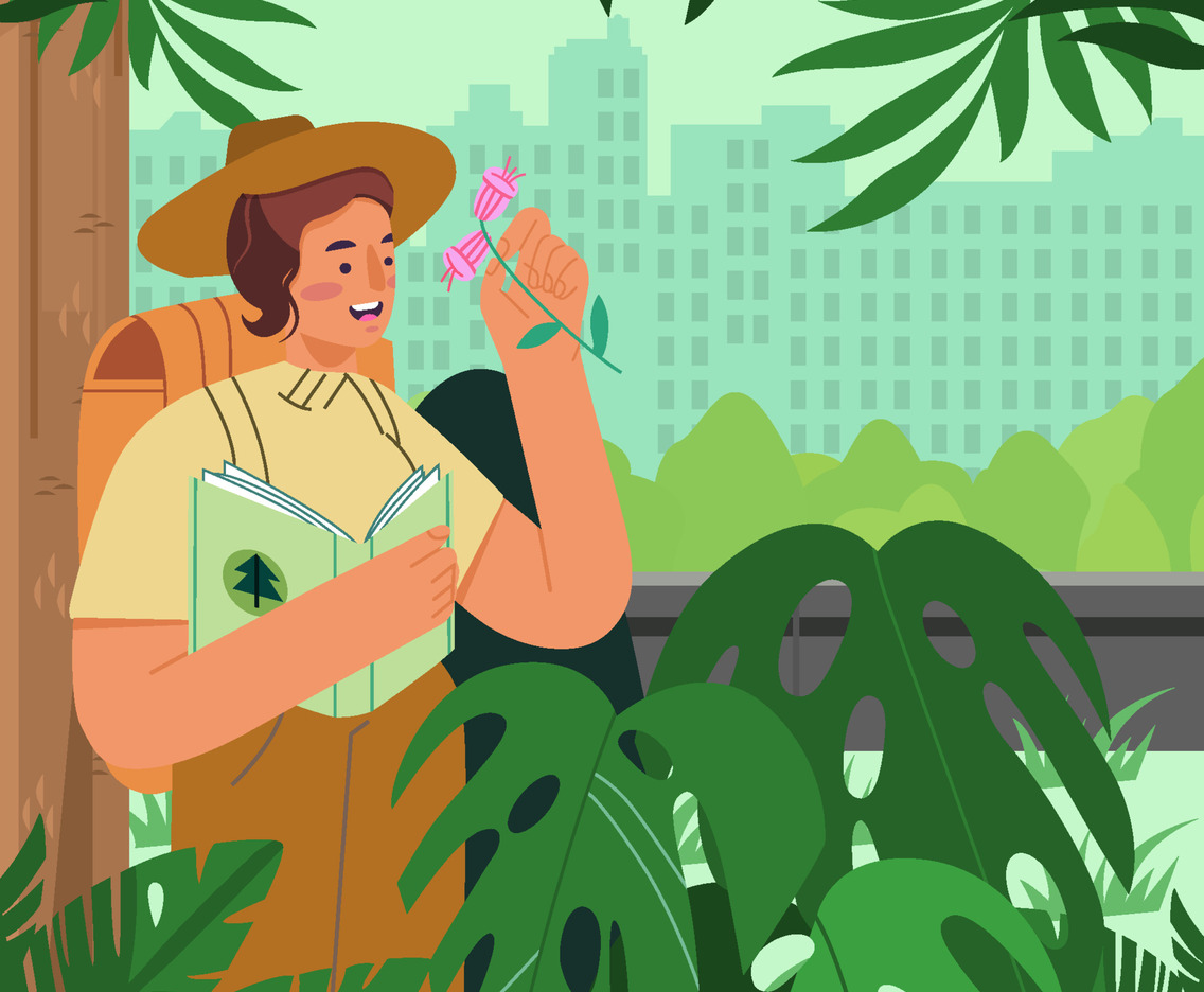 Girl Scout Examine Flower in Nature Park Concept