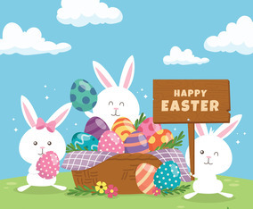 Happy Easter Rabbits Collecting Eggs for Easter Celebration
